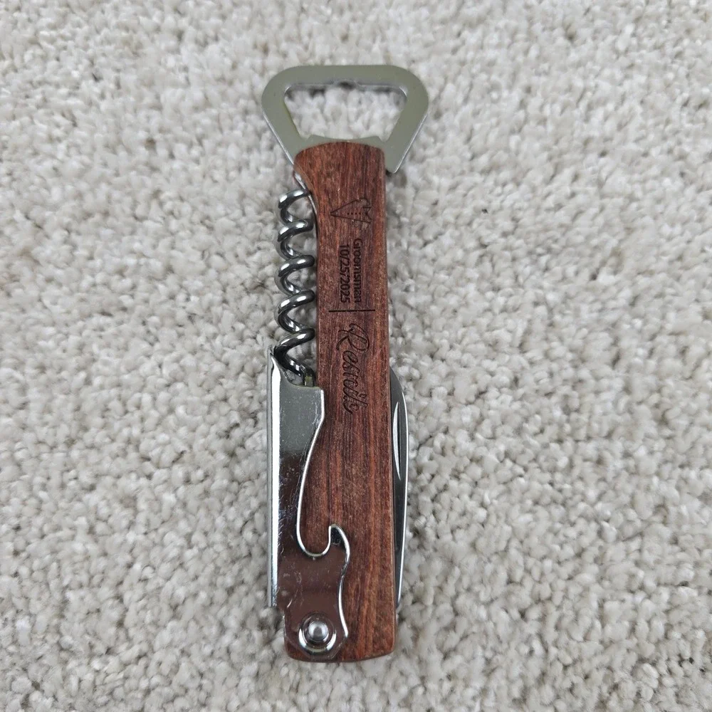 Wedding .01Wine Opener Brown Wood Handle Groomsman Engraved Multi-Tool Corkscrew